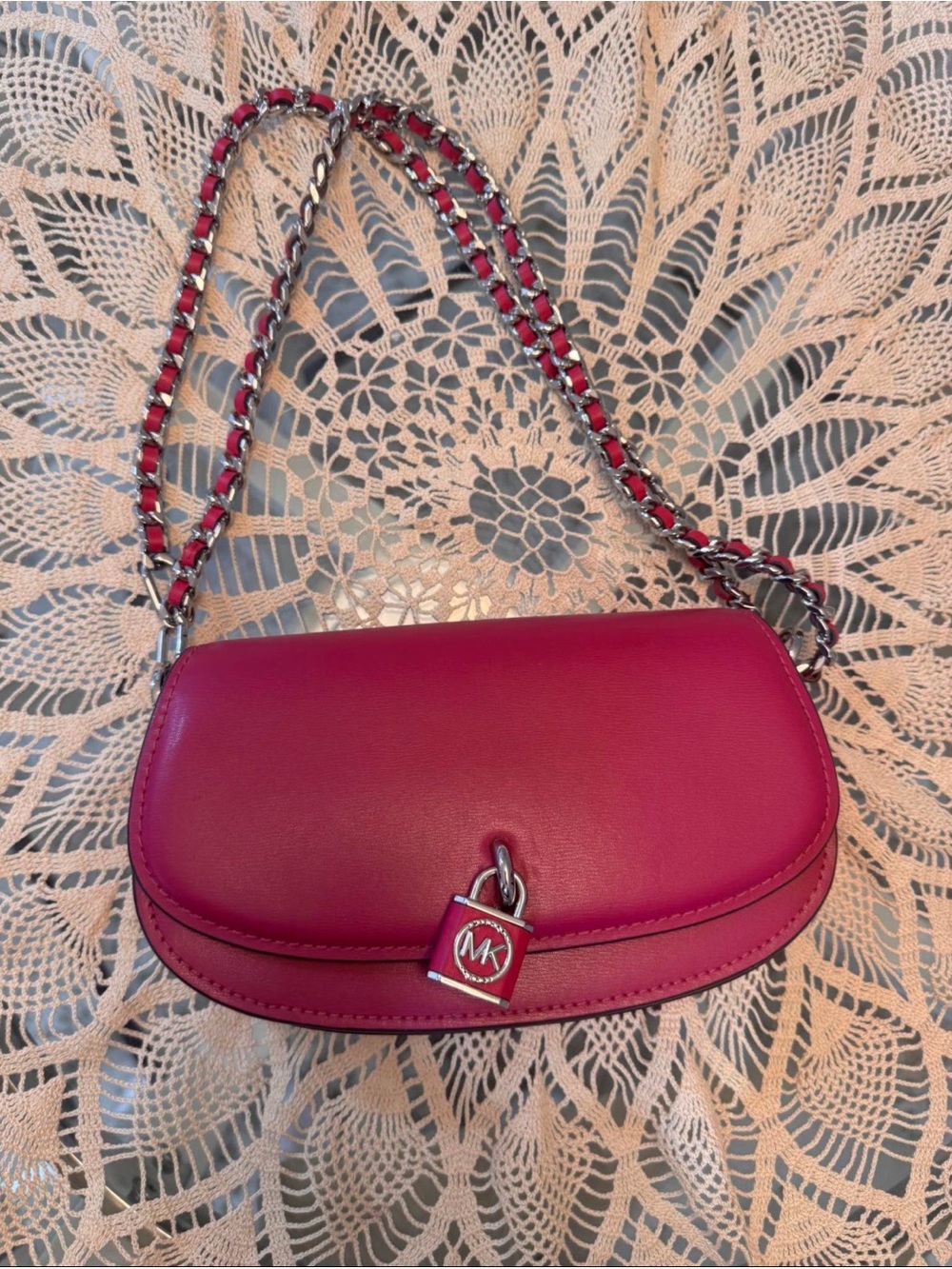 Michael Kors Hot Pink Leather Chain Crossbody with MK Padlock